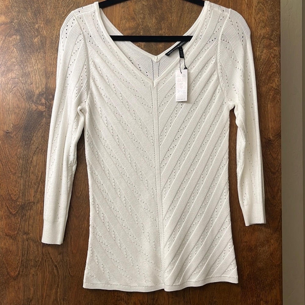 NWT White House Black Market Women’s White Knit Pointelle Sweater, size small
